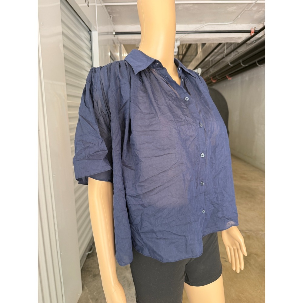 QUINCE Navy Blue Silk Cotton Blend Short Sleeve Button Up Blouse Top Small - Picture 2 of 8